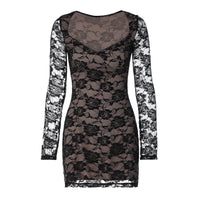 SpringSummer New Lace Printed U-Neck Long-Sleeve Sheath Dress