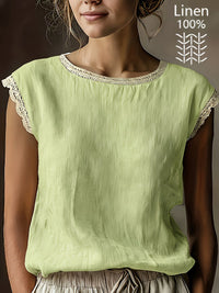 Loose Solid-Color Crew-Neck Lace Sleeveless Cotton-Linen Shirt