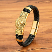 Lion Ox Head Tiger Heavy-Duty Stainless Steel Genuine Leather Magnetic-Clasp Mens Bracelet