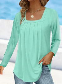 Women's Pleated Square Collar Long Sleeve Imitation Cotton Large Size T-shirt