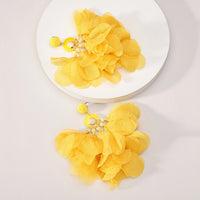 Bohemian Handmade Fabric Chiffon Flower Dangle Earrings For Women Tropical Beach Vacation Party Oversized Statement Jewelry