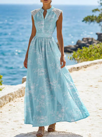 Elegant Short-Sleeve Lace-Patchwork Lace-Up Printed Dress