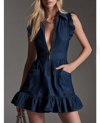 Fashionable Ruffled Sleeveless Denim Dress For Women
