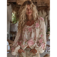 Womens Retro Crew-Neck Top With A Floral Print