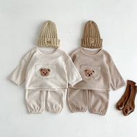 Clothes For Babies Autumn Two-piece Suit Waffle Large Pocket Bear Top And Trousers
