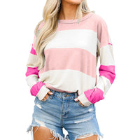 Spring Striped Drop-shoulder Long-sleeve Color Contrast Patchwork Pullover