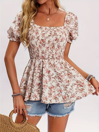 Women's Casual Square Neck Smocked Floral Vacation Blouse