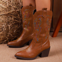 Embroidered Knight Boots Women Pointed Toe Chunky Heel Cowboy Boot