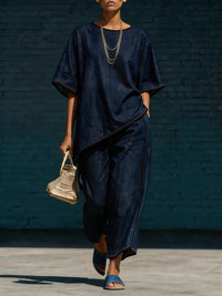 Elegant Casual Denim-Style Loose Wide-Leg Pants Two-Piece Set