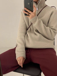 Women's Solid Color Loose Zipper Lapel Stand Up Sweater