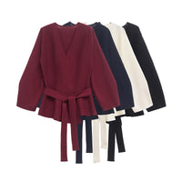 Fashionable Knitted Womens Long Sleeve Top With A Belt