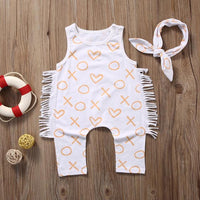 XOXO Heart Print Sleeveless Tassel Romper  Headband 2pc set