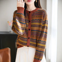 Womens Retro Jacquard Crew-Neck Long-Sleeve Sweater