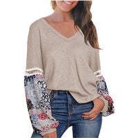 New European And American Autumn And Winter V-neck Waffle Loose Printed Long-sleeved T-shirt