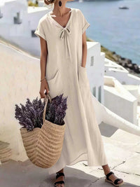 Casual V Neck Lace Up Solid Color Womens Dress