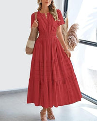 Vneck Pleated Puff Sleeve Layered Maxi Dress For Women