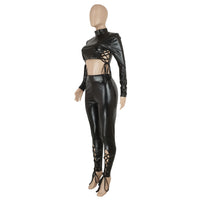Sexy Slim-fit Lace Up Short Top Leather Pants Suit