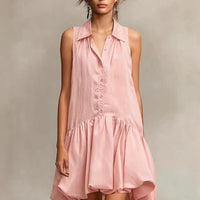 Single- Breasted Shirt Collar Ruffled Dress