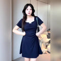 Sweet-style Lace-neckline Retro Elegant Pleated A-line Skirt