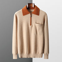 Foreign Trade Men's Autumn And Winter Contrast Color Wool Knitted Half-open Polo Long-sleeved Fleece Sweater