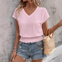 V-neck Hollow-out Smocking Short-sleeved T-shirt Casual Top