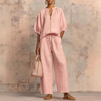 Solid-color Casual Loose-fitting Zip-up Sweatshirt And Straight-leg Pants Set