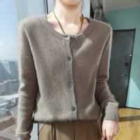 Womens Loose Button-up Solid-color Cropped Sweater With A Crew Neck