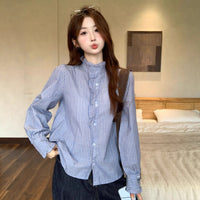 French Ruffled Blue Striped Women's Long Sleeve Shirt
