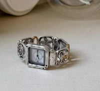 Handmade Retro Nostalgic Distressed Square Elastic Cord Watch Womens Wristwatch