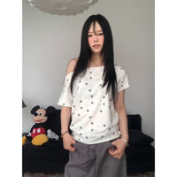 Retro Wing Embroidery Full-Print Star Loose Top For Women