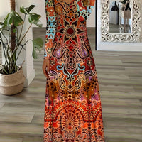 V-neck Long-sleeve Bohemian Peacock-print Floral Maxi Dress