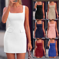 Summer Casual Square-Neck Solid-Color Suspender Dress For Women