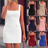 Summer Casual Square-Neck Solid-Color Suspender Dress For Women