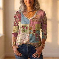 Artistic Printed Crew Neck Long-sleeve Blended Fabric T-shirt Blouse With Ethnic Style