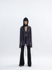 Pleated Satin Abstract Printing Vintage Lace-up Purple Shirt