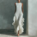 Womens Fashionable And Elegant Sleeveless Crew-Neck Dress With Ruffled Hem