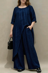 Womens Retro Casual Loose Top And Wide-Leg Pants Two-Piece Set