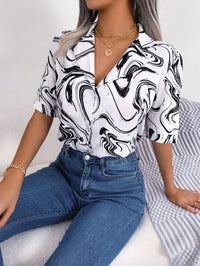 Women's Casual Notched Lapel Color Block Loose Short Sleeve Shirt