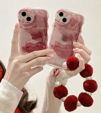 Burgundy Water Ripple Iphone14 Case Plush Bracelet Artistic Minority
