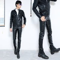 Men's Casual Autumn And Winter Men's Tight-fitting Zipper Stitching Leather Pants