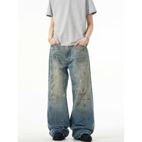 Splash-ink Jeans Men's Retro Washed Distressed Baggy Straight Trousers