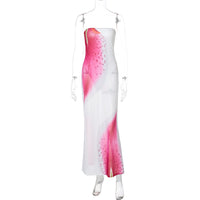 Summer Floral Print Tube Top Slit Bodycon Mesh Dress For Women