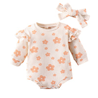 Solid Color Waffle Print Romper With Bow Suit