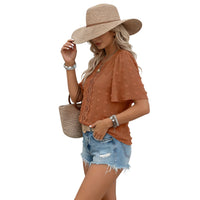 Women's Round-Neck Hollow-Out Lace Short-Sleeve Shirt