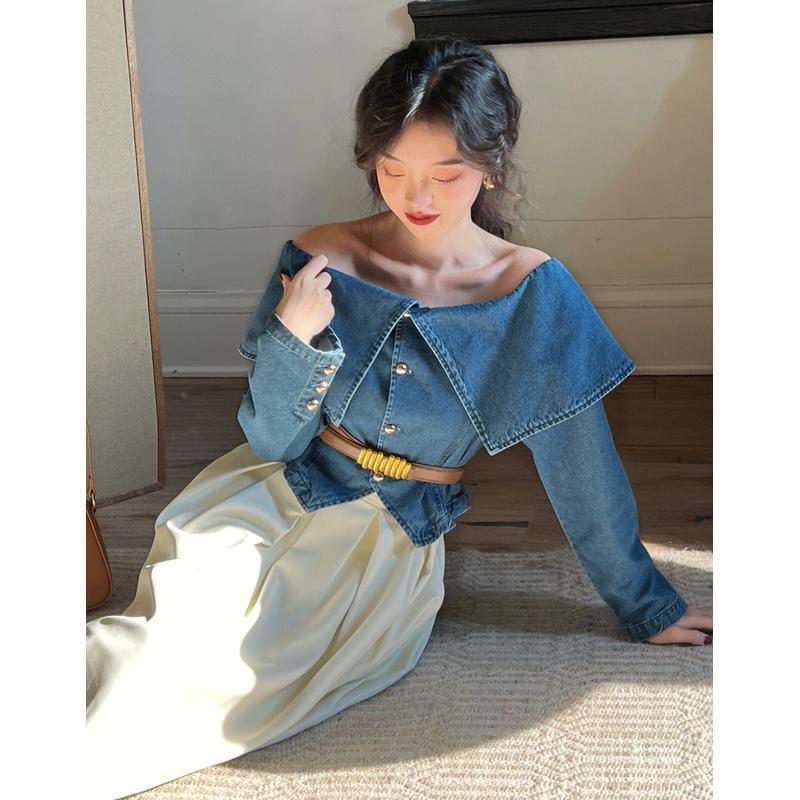 Lapel Long Sleeve Denim Waist-controlled Top Mid-length Skirt