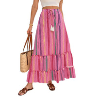 Womens Tassel-Laced Ethnic-Style Striped Printed Skirt