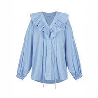 Womens Casual Resort Ruffle-Trim Collar Button-Up Shirt Top