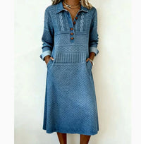 Solid-color Lapel Long-sleeve Dress For Women