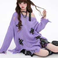 Hot Girl Ripped Tassel Off-the-shoulder Sweater For Women Autumn And Winter Loose
