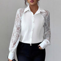 Women's Lace Solid Color Button Long Sleeve Shirt